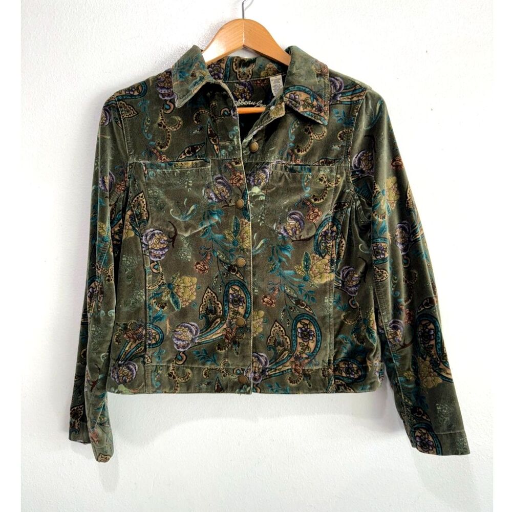 Caribbean Joe jacket 100% cotton Velvet olive green floral fall casual women S